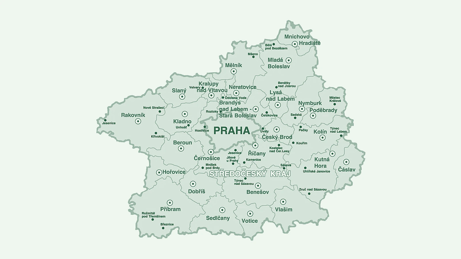 Mapa působnosti Zahrady Pešina v Praze a Středních Čechách